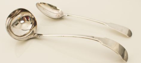 An EPNS fiddle pattern soup ladle and basting spoon - early 20th century, the basting spoon 31.3