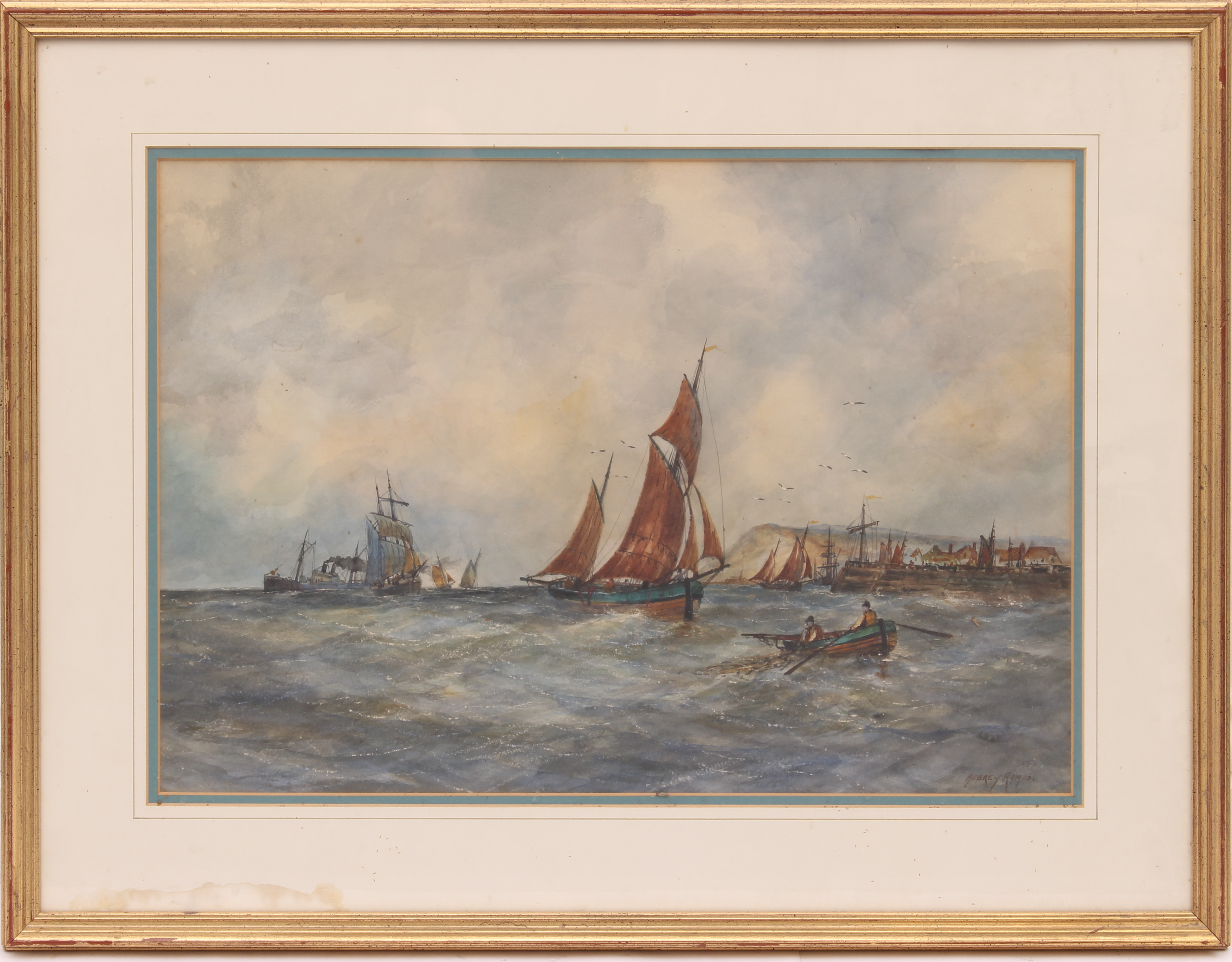 Aubrey Ramus (British, 1895-1950) Shipping off the coast in choppy seas watercolour, signed lower - Bild 2 aus 3