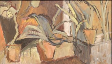 20th century School Abstract view of an interior with plants oil on board, unsigned, black painted