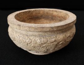 A Chinese carved marble urn, probably 19th century - the everted, flat topped rim carved with