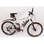 A white Giant 'Trance' full suspension mountain bike complete with two-bike car-rack, cover and