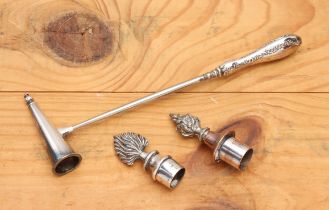 An Edwardian silver plated candle snuffer - with hallmarked silver handle, Birmingham 1910, 25 cm