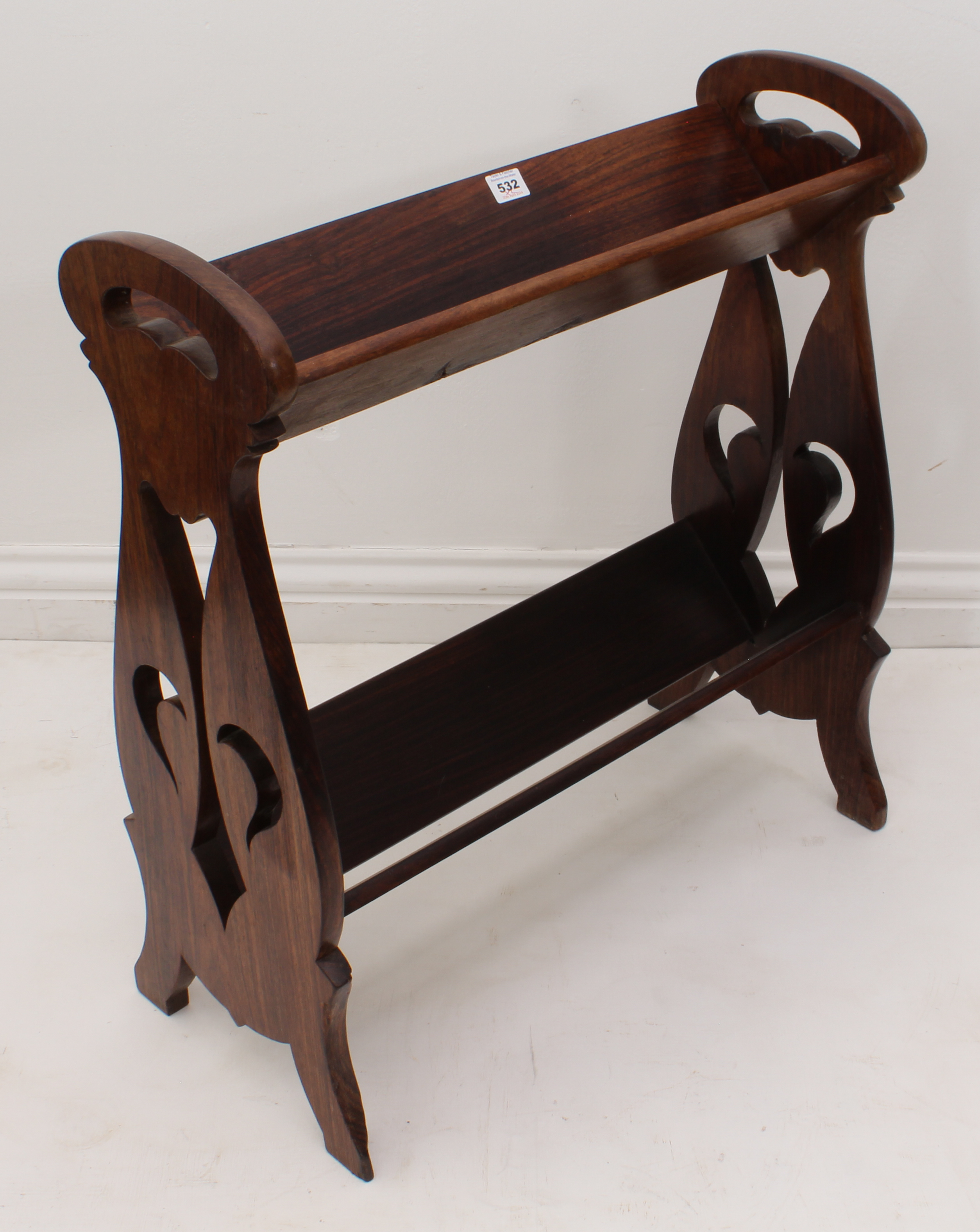 Two pieces: an Anglo-Oriental hardwood book trough - early 20th century, with two tiers raised on - Image 3 of 4