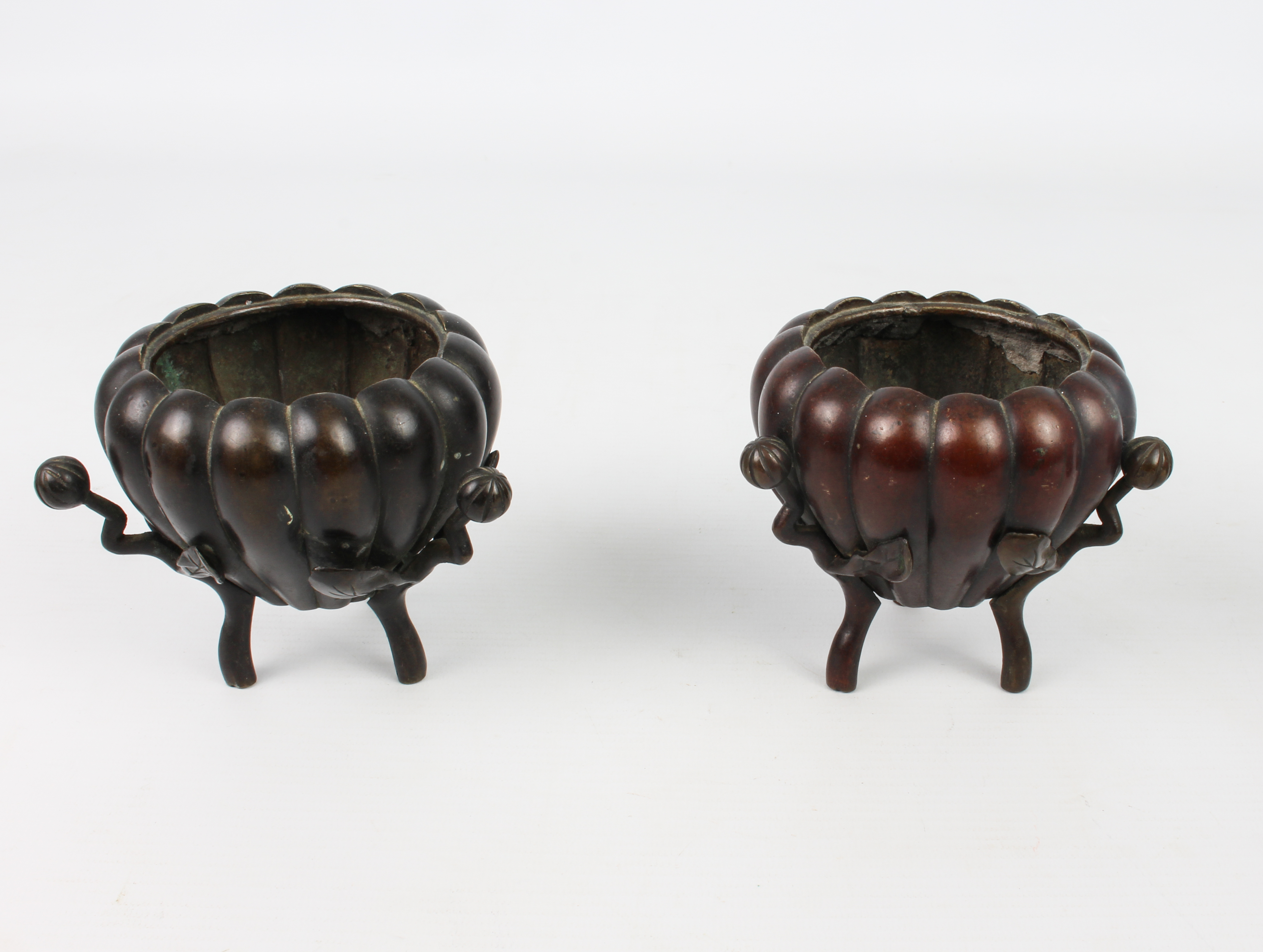 A pair of Chinese bronze tripod censers - probably early 20th century, of pumpkin or gourd form, - Image 4 of 4