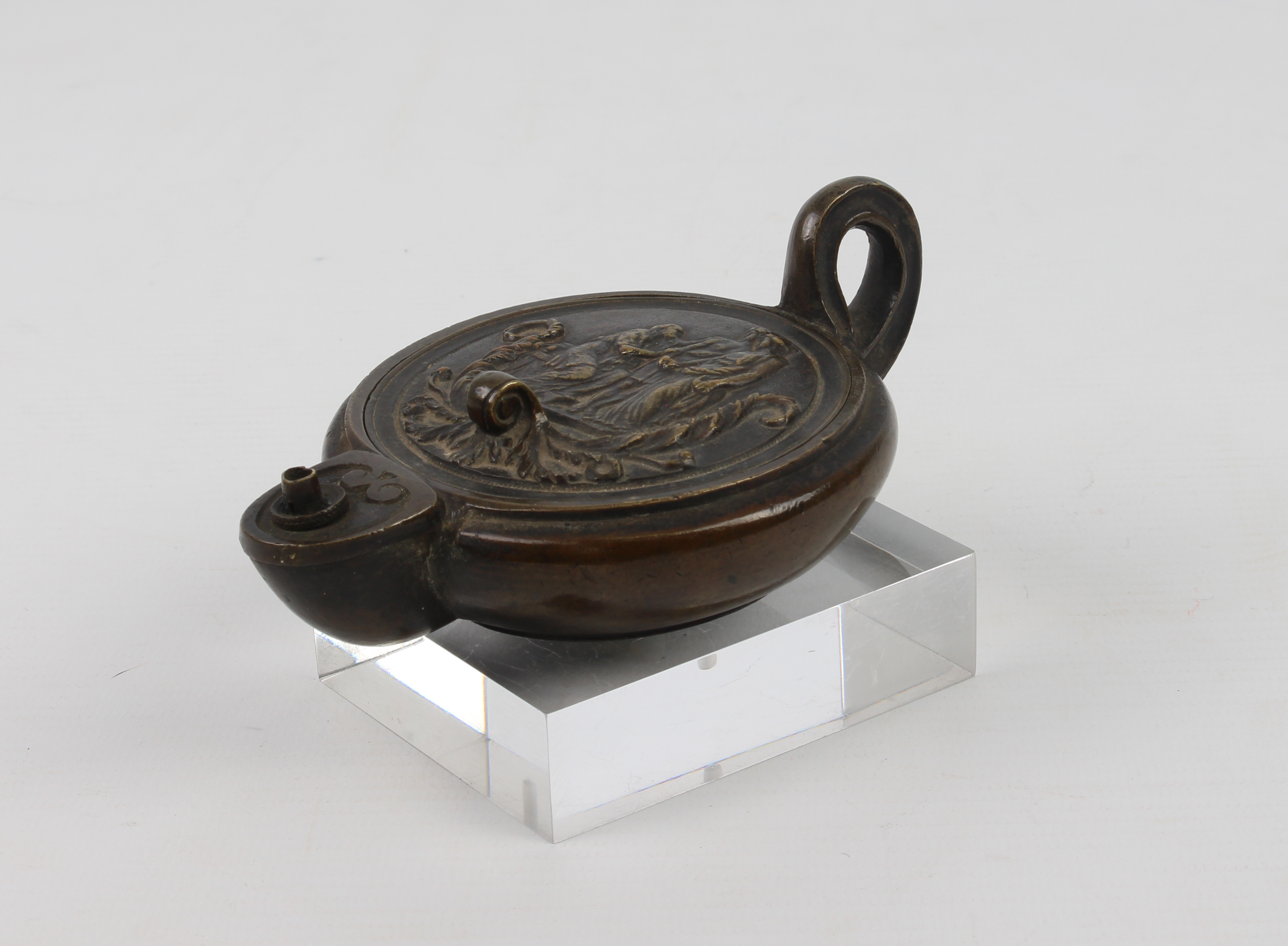 A 19th century grand tour bronze classical style oil lamp - 12 cm long, base removed and glued to an - Bild 7 aus 7