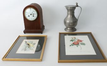 An Edwardian mahogany mantel clock - the boxwood strung arched case (a/f), on gilt brass ball