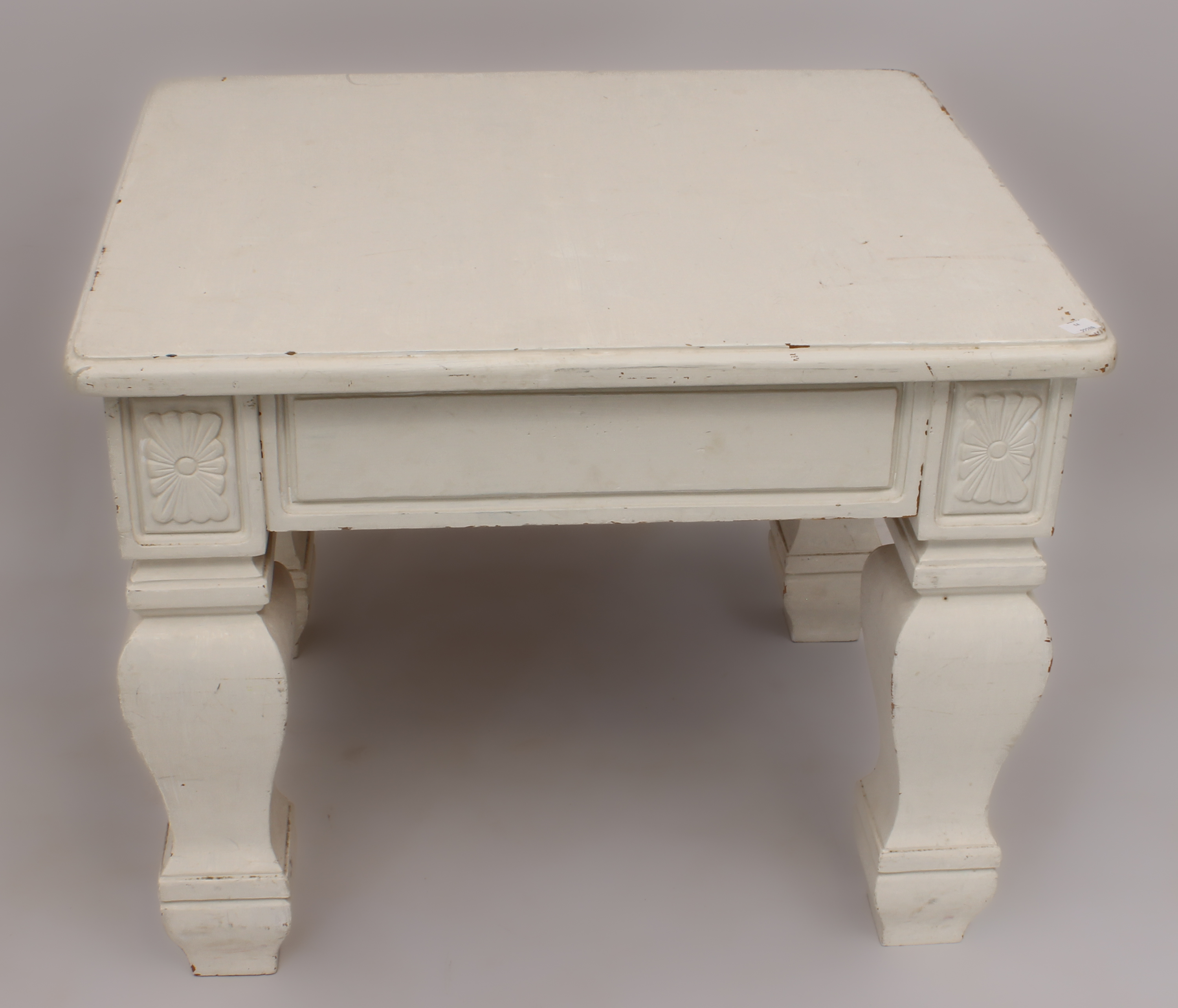 A white-painted rectangular coffee table - late 20th century, pine and oak, with a panelled frieze - Image 3 of 3