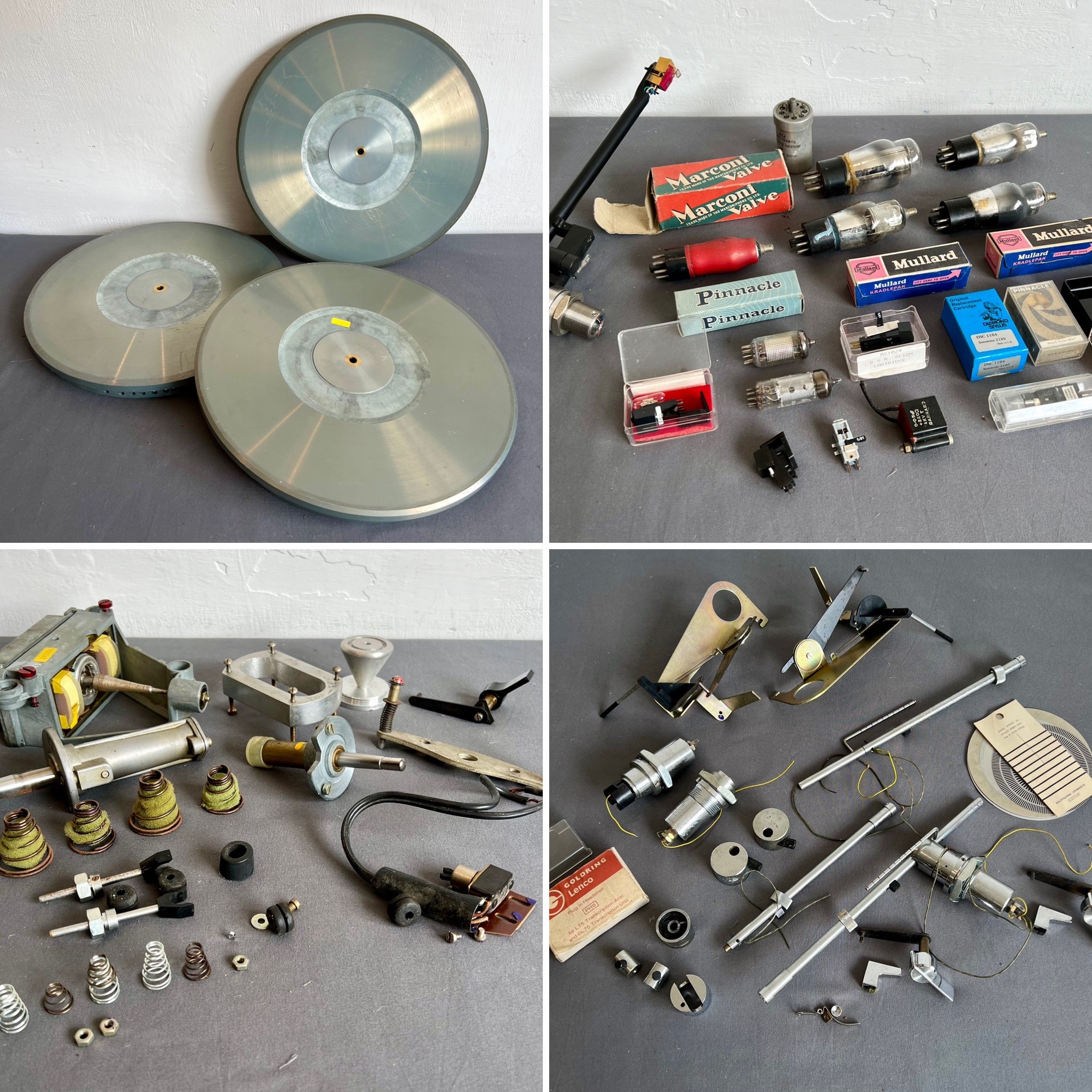 A small collection of vintage turntable parts - including a Michell tonearm with Audio-Technica