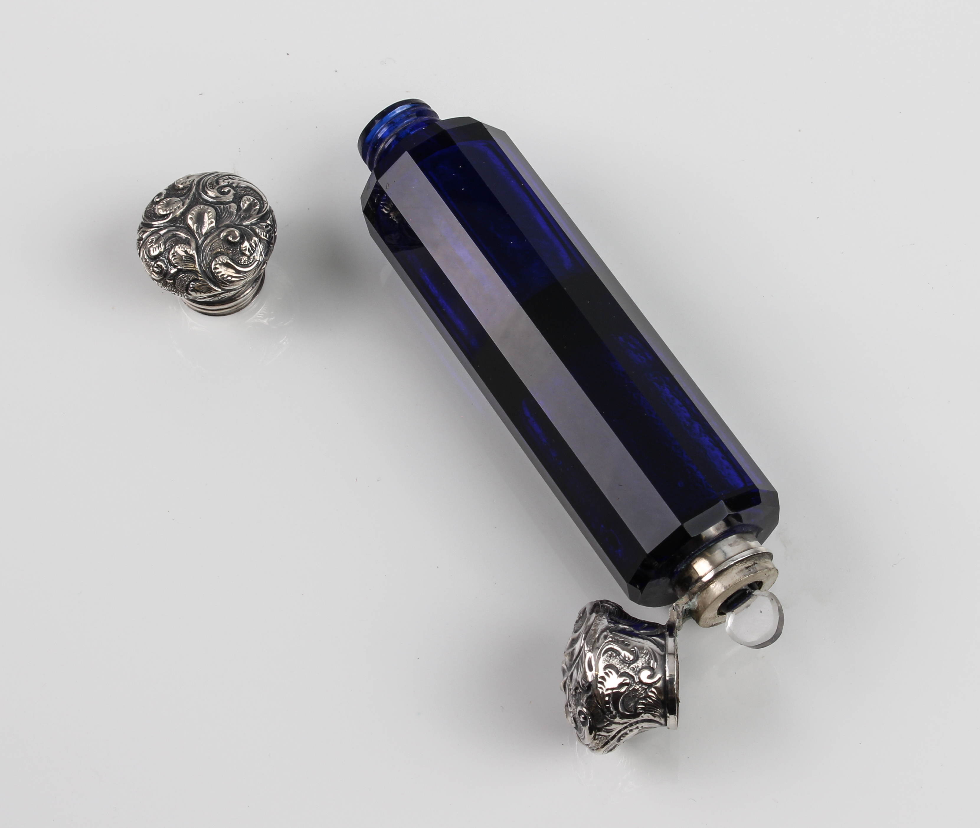 Two Victorian blue cut-glass blue double-ended scent bottles - with white-metal tops, one hinged, - Image 3 of 3