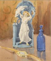 Low (British, second half 20th century) Still life of a watch, blue glass bottle and figurine