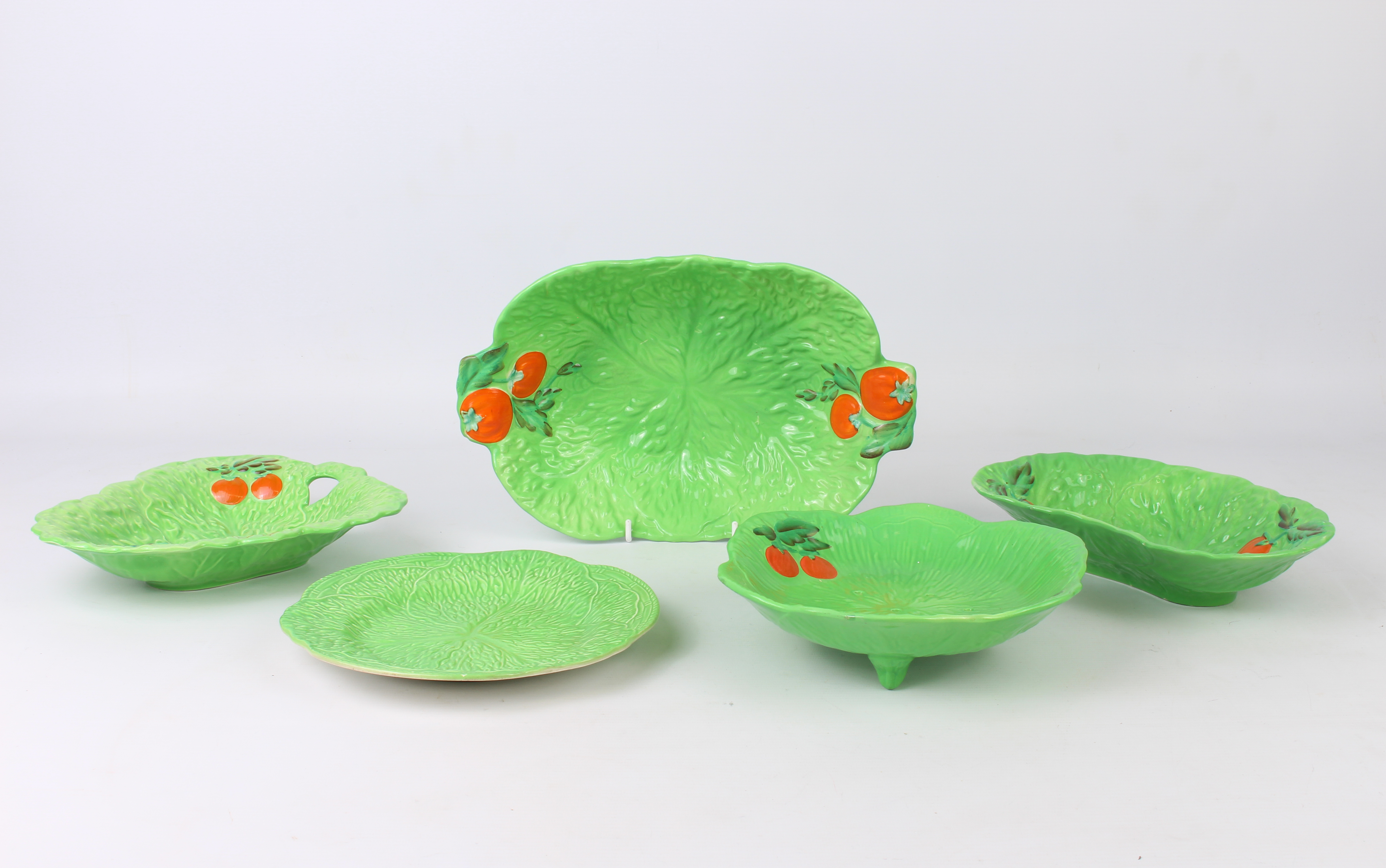 Five Beswick salad leaf plates - 1950s to 1960s, the largest 30 cm long. * Condition: All of the