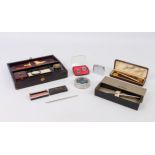 A group of collectables - including a Victorian rectangular gilt tooled leather writing box, the lid