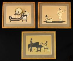 A set of three Art Deco style Bobella silhouettes - 1930s-40s, depicting a lady and black cat on a