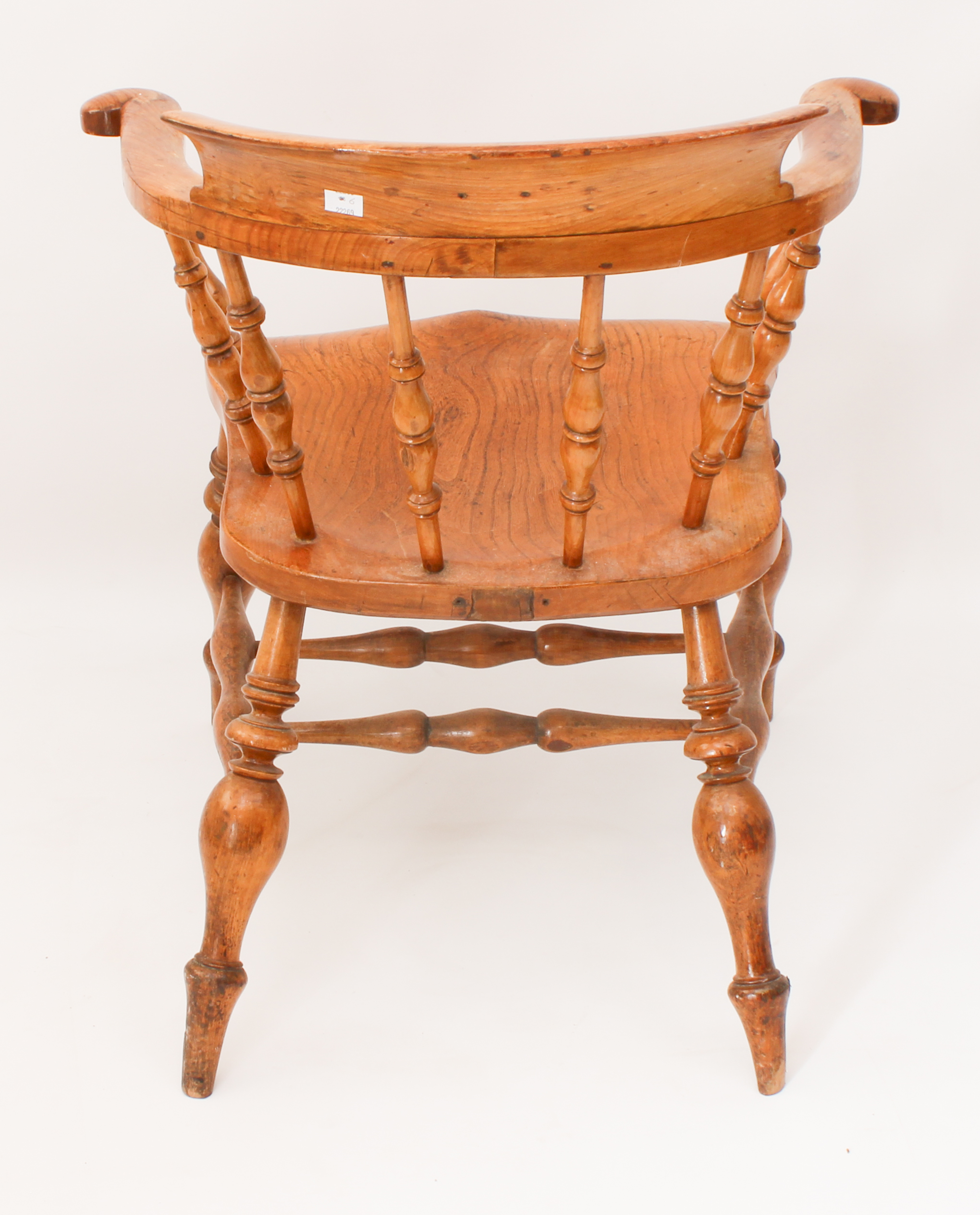 A late 19th century fruitwood and elm smoker's bow armchair - the horseshoe back with turned - Image 4 of 4