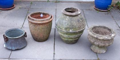 Seven planters and three vintage tools: 1. a composite stone planter of gadrooned urn form, 33 cm