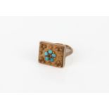A vintage 14ct yellow gold, turquoise and smoky quartz plaque ring - hallmarked '14K', with a