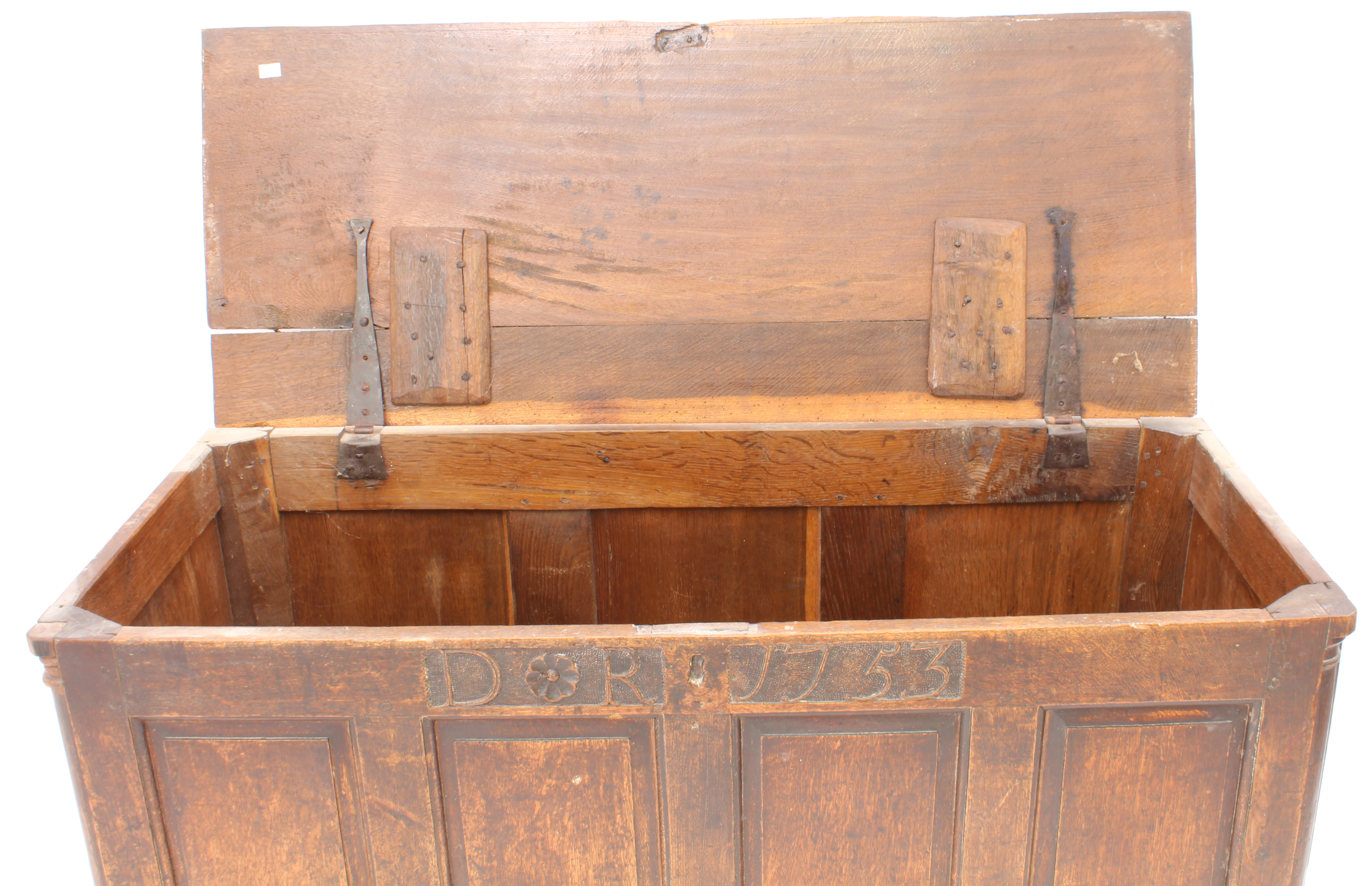 A George II oak mule chest - the boarded top with thumb-moulded front edge and iron strap-hinges, - Image 5 of 7