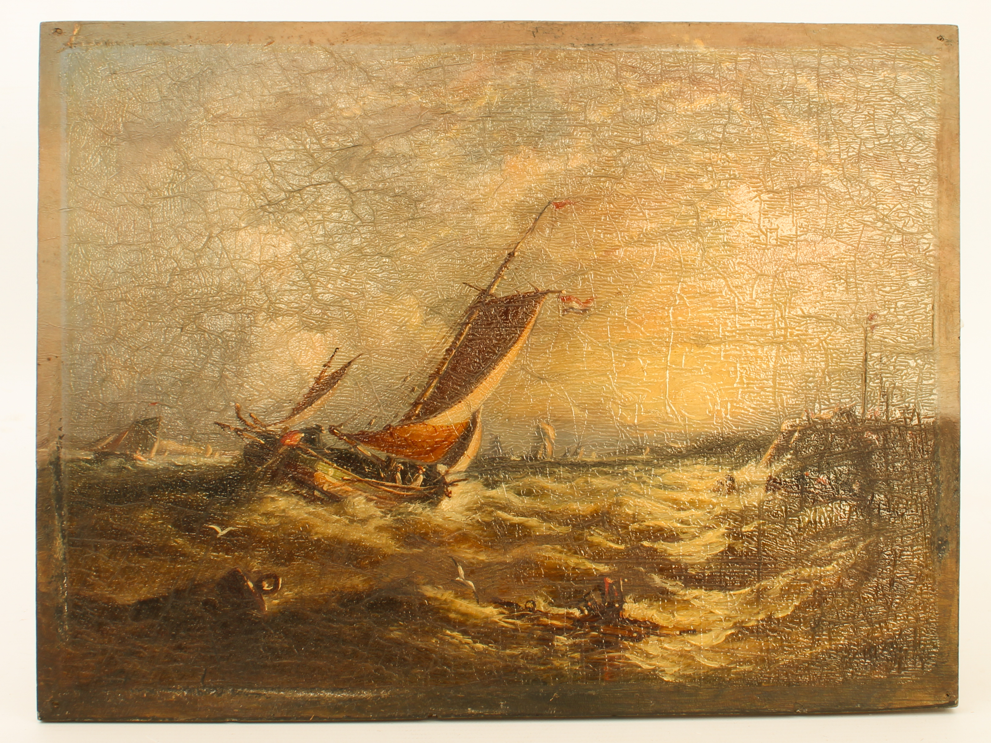 English School (early 20th century) Shipping in a stiff breeze off the coast at dusk oil on panel,