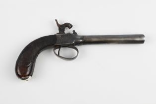 A 19th century boxlock percussion pistol - with plain 4 in turn off barrel, rifled bore, foliate