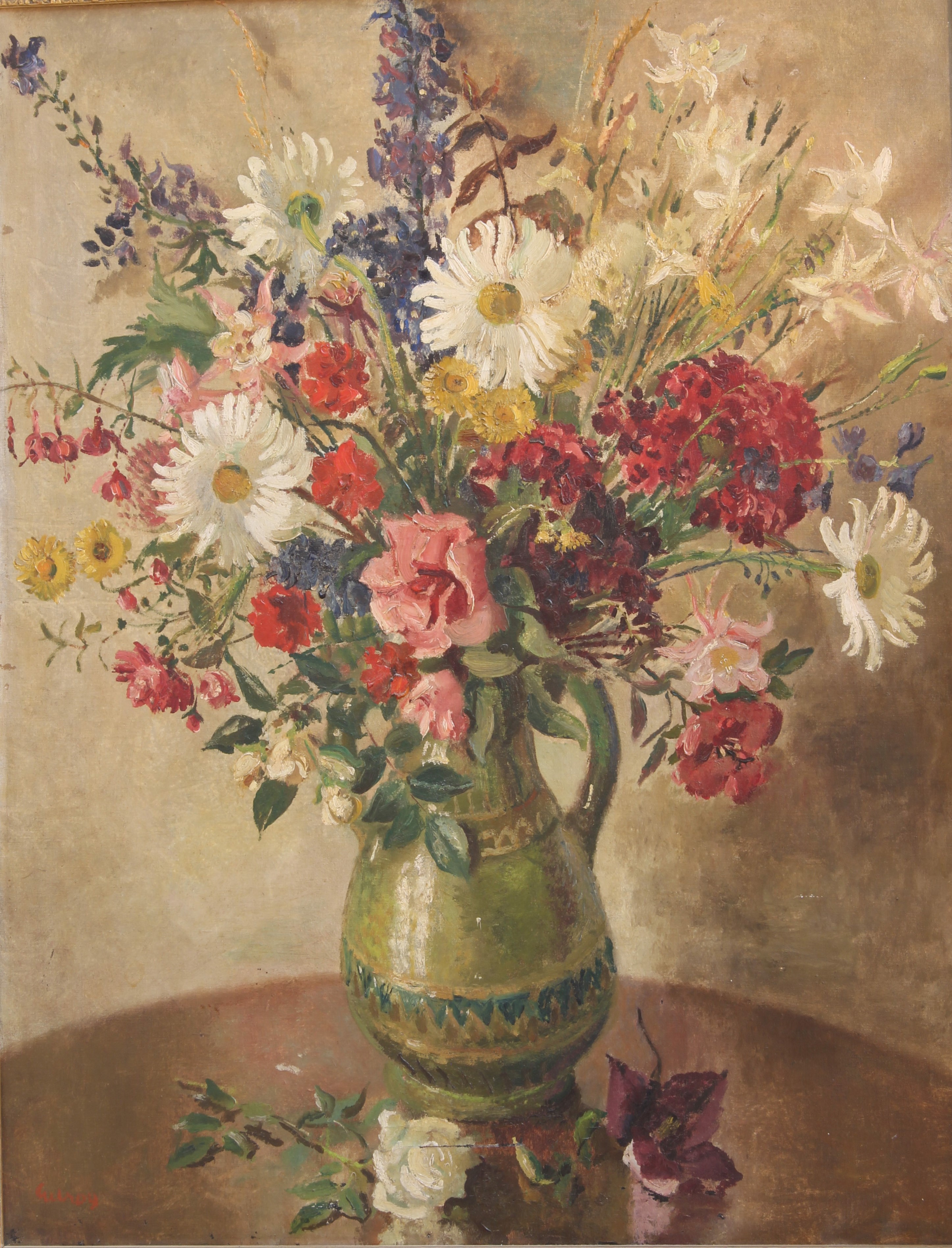 John Thomas Young Gilroy (1898-1985) Still life of garden flowers in a green glazed jug oil on