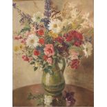 John Thomas Young Gilroy (1898-1985) Still life of garden flowers in a green glazed jug oil on