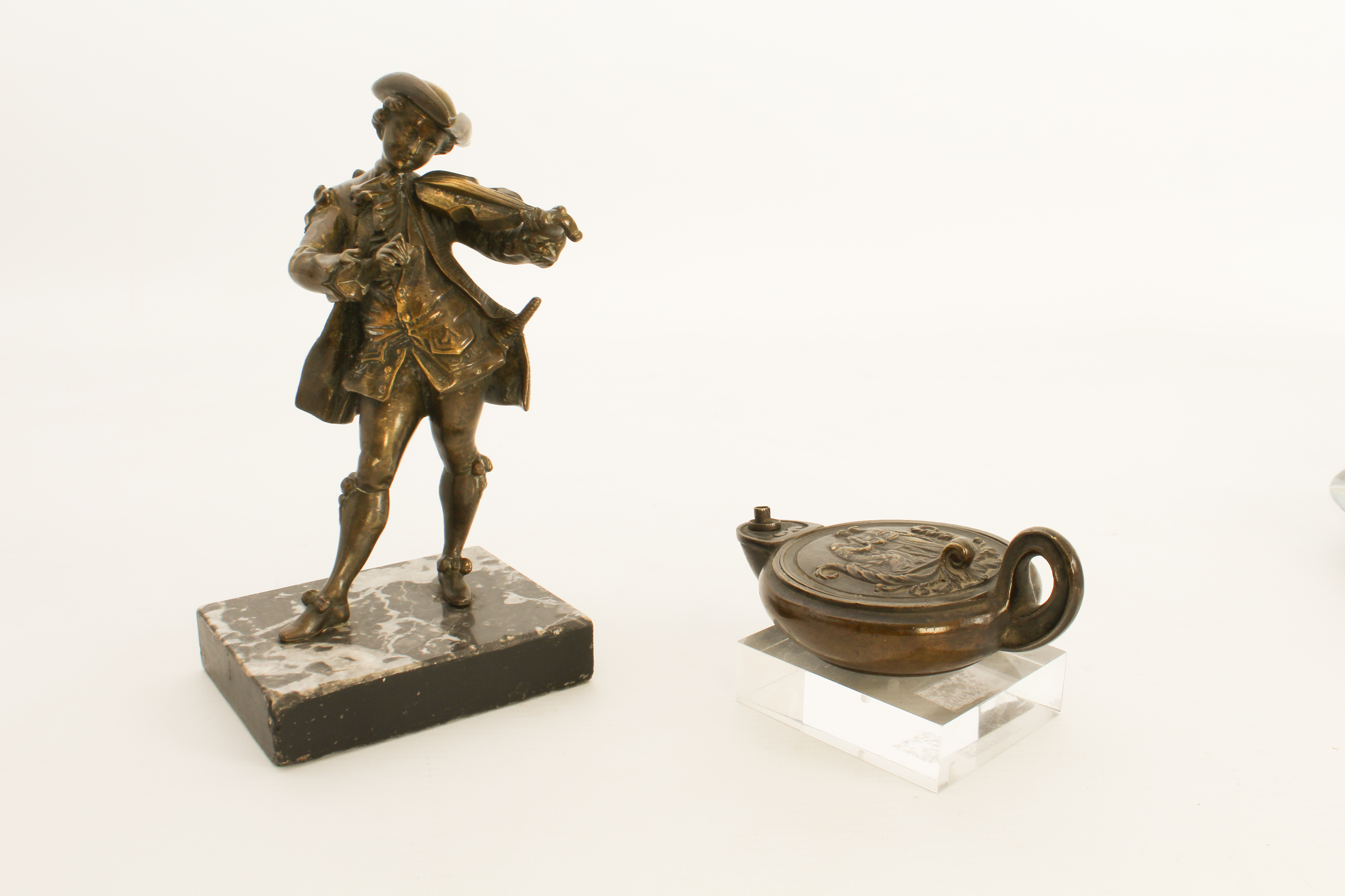 A 19th century grand tour bronze classical style oil lamp - 12 cm long, base removed and glued to an