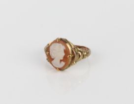 A 14ct gold and shell cameo ring - with Chinese hallmarks and stamped '14K', size J.