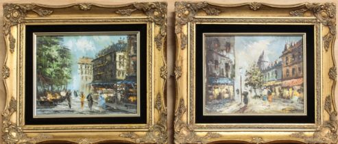 A pair of oil on board Parisian street scenes - 1970s-80s, one signed 'K. Springfield', the other '