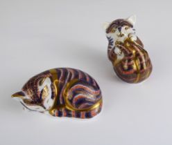 Two Royal Crown Derby Kitten paperweights - comprising Catnip Kitten, 7.6 cm long; and Playful