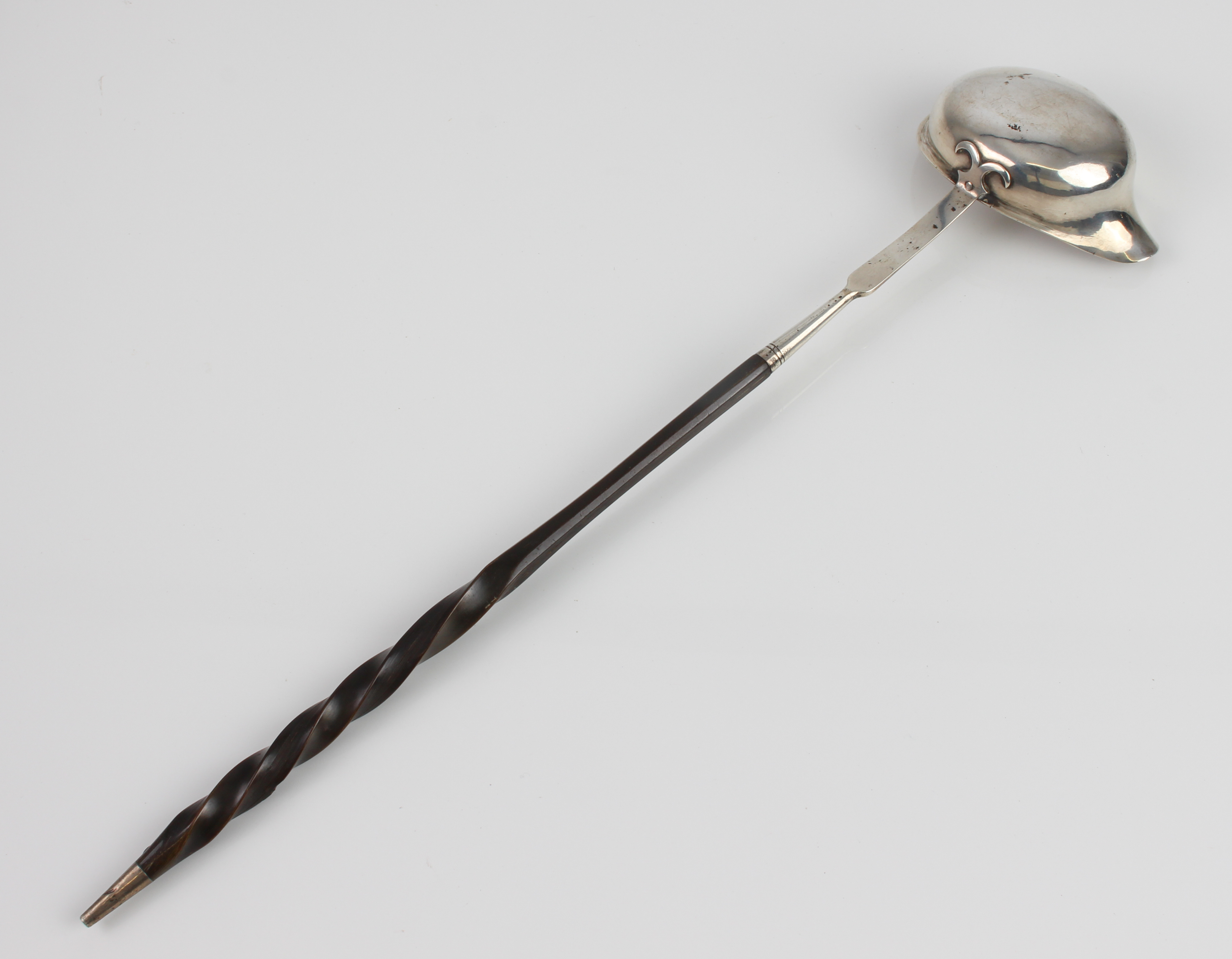 A 19th century white-metal toddy ladle - no marks, the oval bowl with side spout and engraved - Image 2 of 2