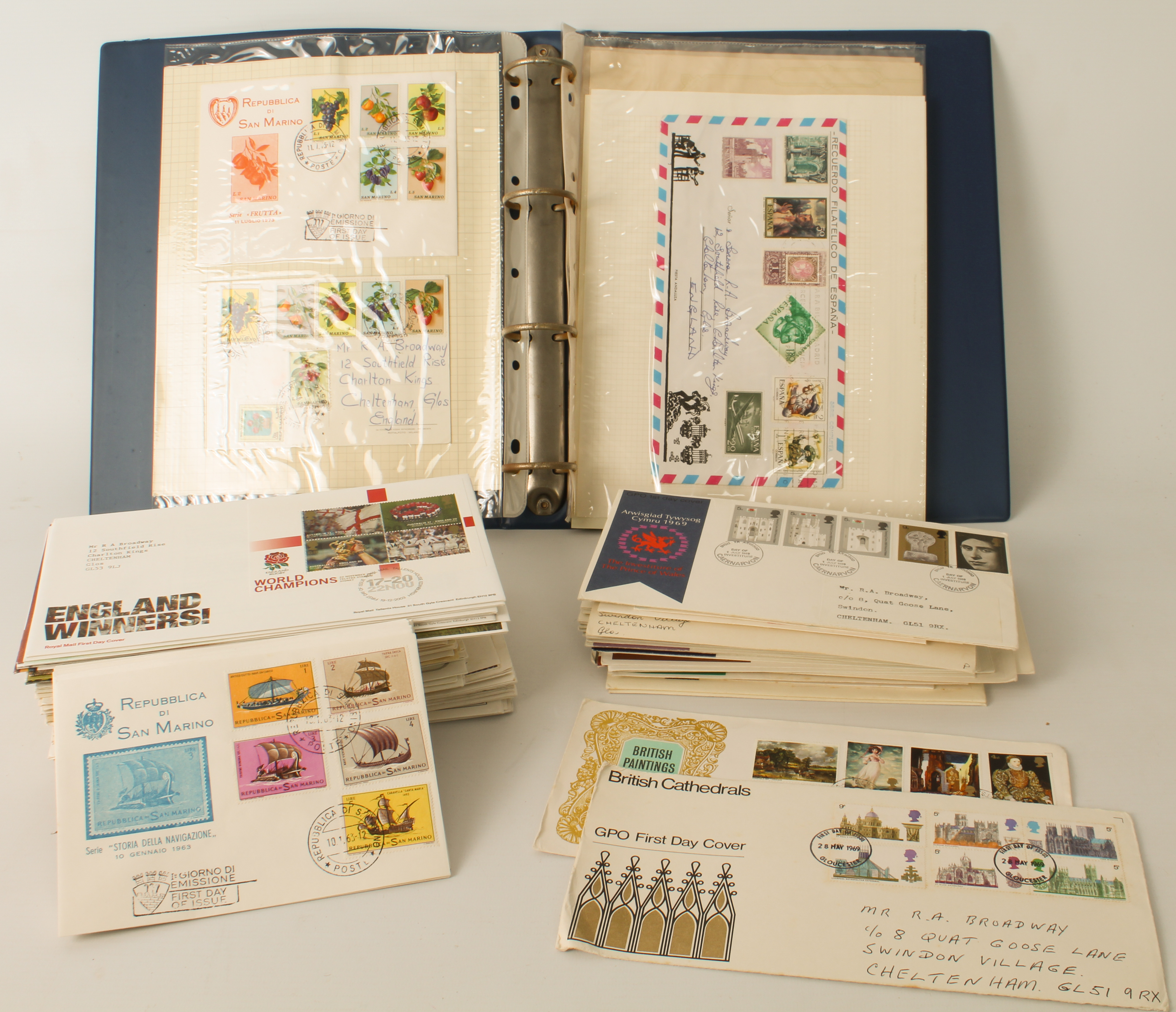 120 GB first day covers and 21 San Marino FDCs: 1965-1971: 46 GB 1972-1982: 63 GB 2003-2005: 11 GB