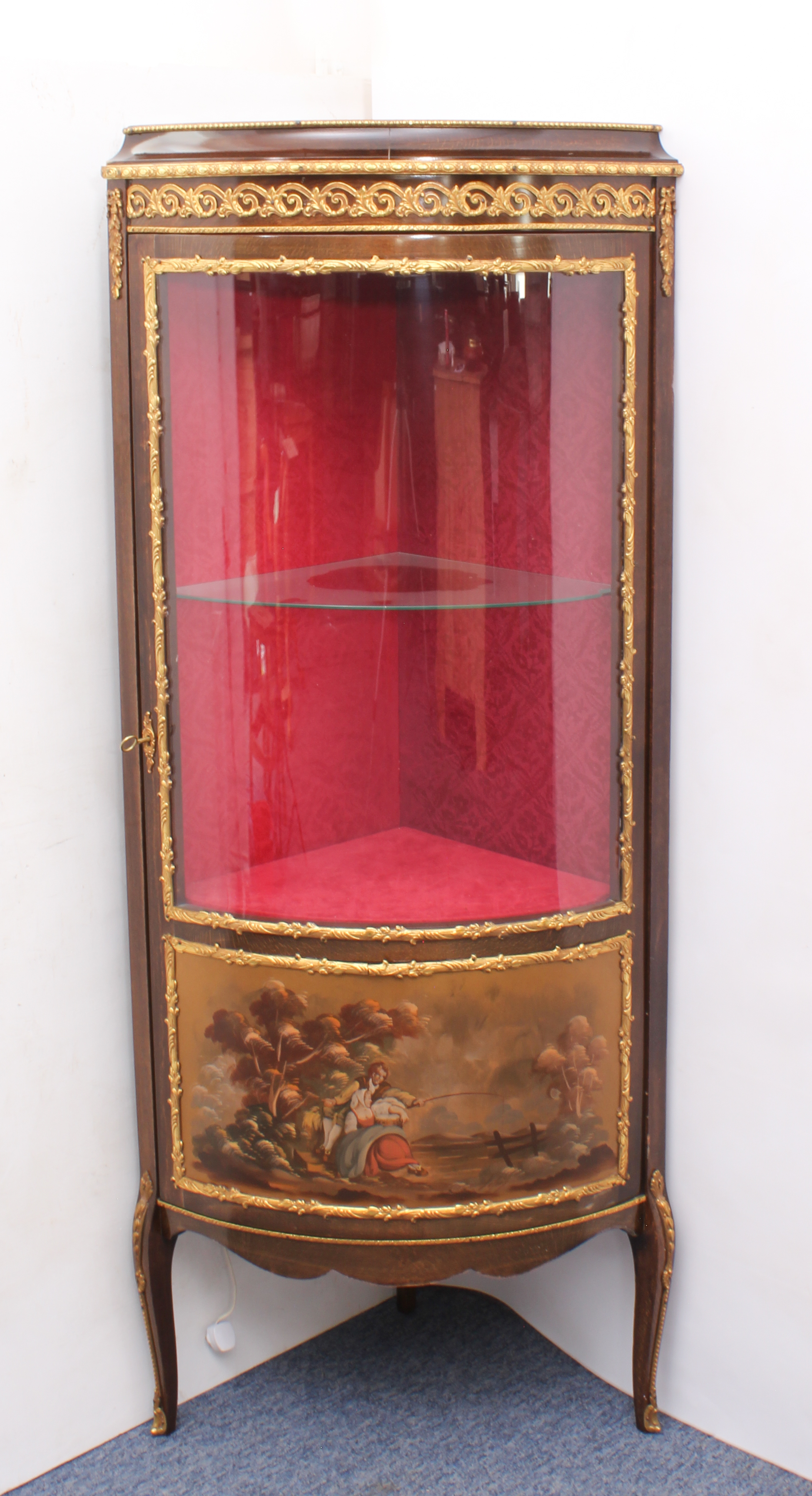 A stained beech wood, vernis martin, gilt-metal and glazed bowfront corner cabinet in the French