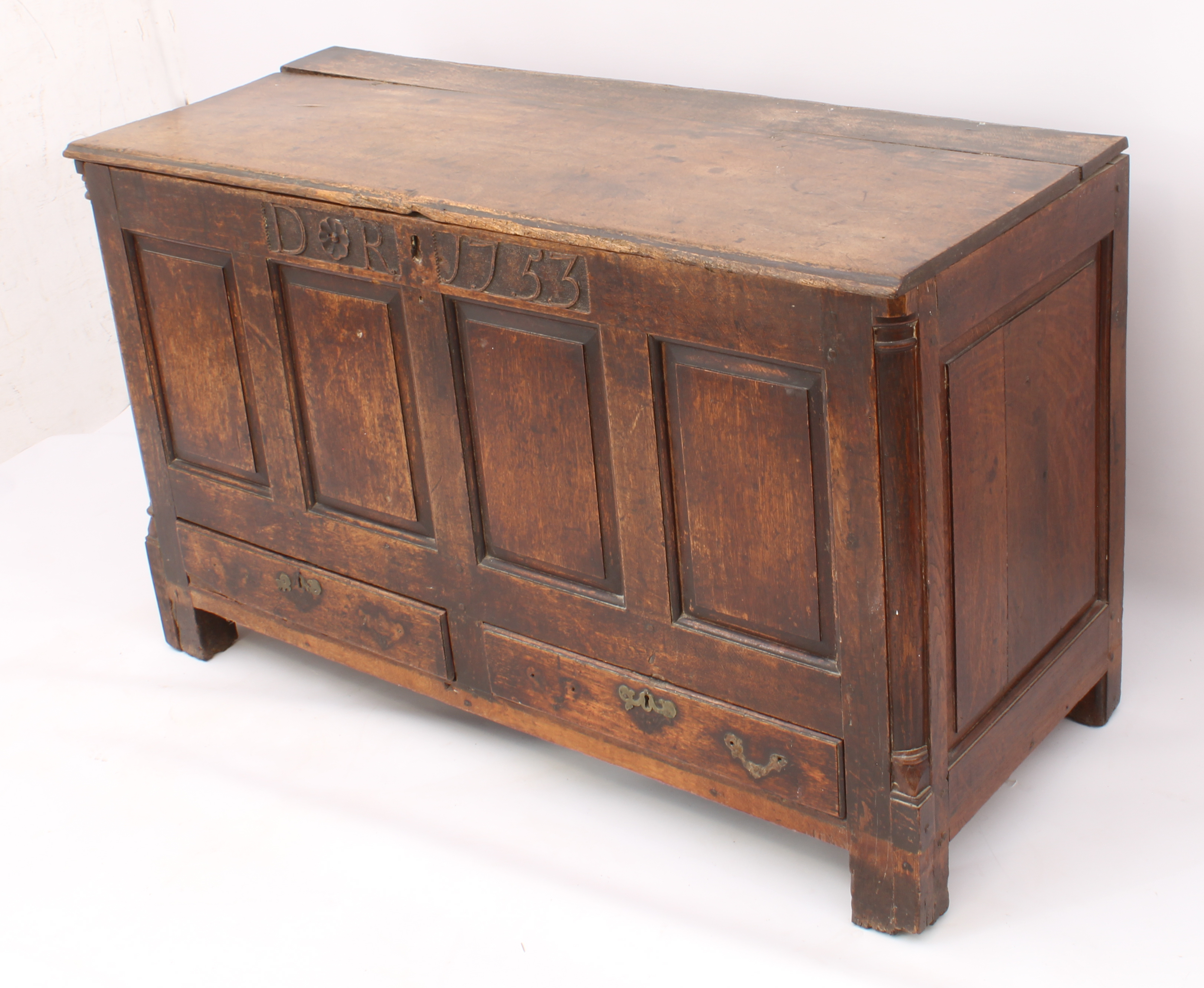 A George II oak mule chest - the boarded top with thumb-moulded front edge and iron strap-hinges, - Image 3 of 7