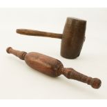 A vintage Indian turned wooden chapati roller or rolling pin - 35.2 cm long; together with a vintage