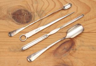 A silver plated stilton scoop, marrow scoop, meat skewer and long spoon - the marrow scoop 23 cm