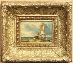 A 19th century style oil on board painting - Fishing boats and other shipping off the coast,