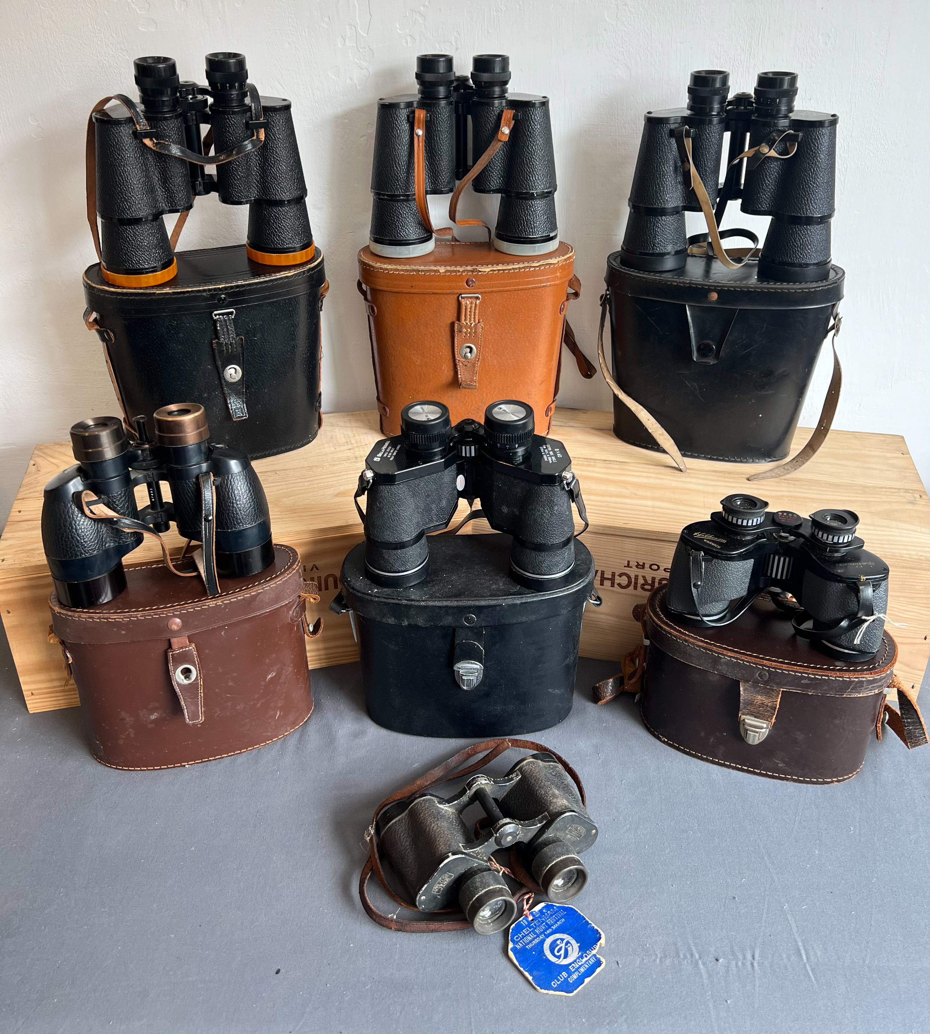 Seven pairs of vintage binoculars (six cased) - including pairs Carl Zeiss Jena (Deltrentis 8x30);