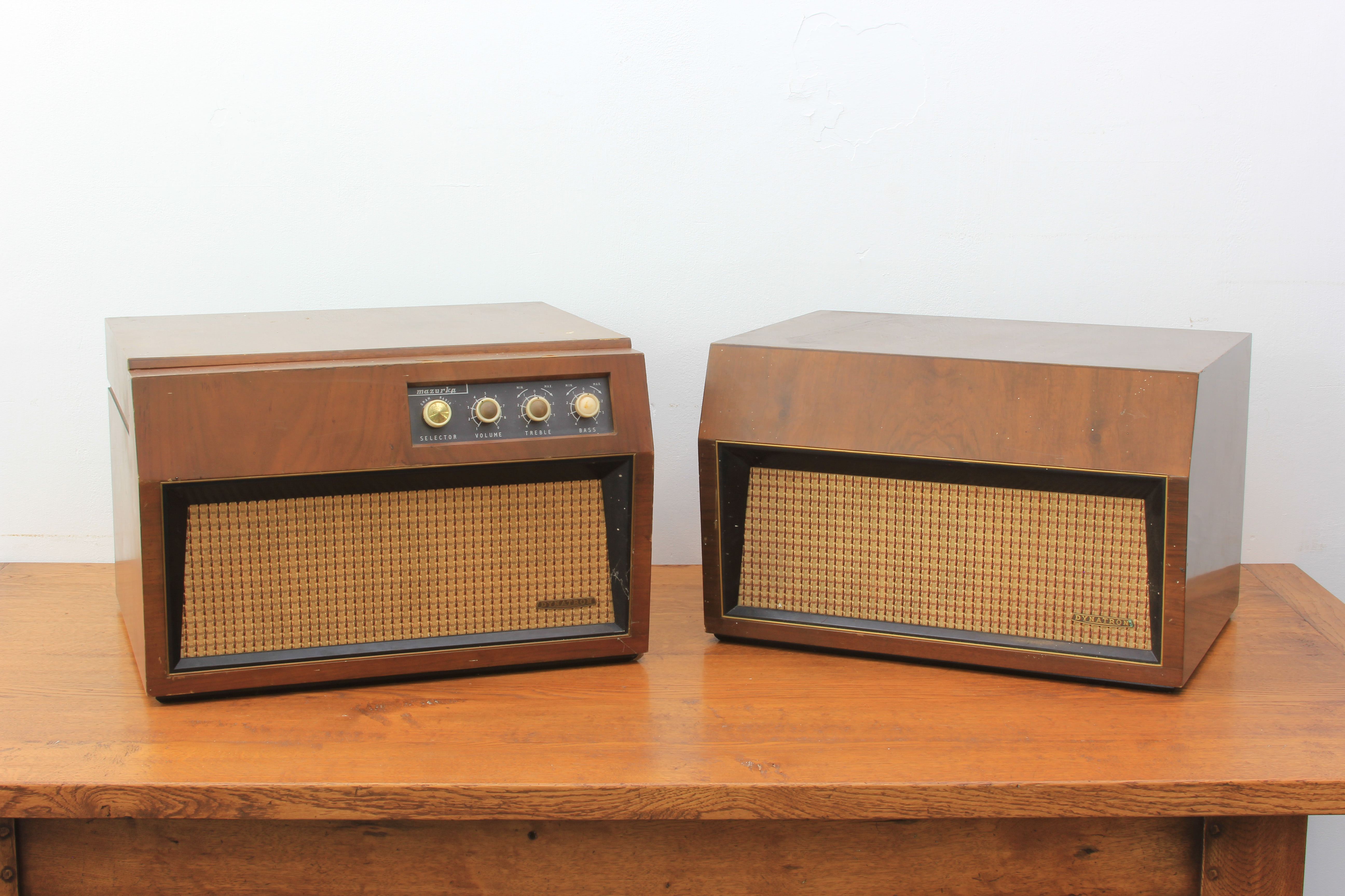 A 1960s Dynatron Mazurka record player and separate stereo speaker unit - with walnut cases and gold