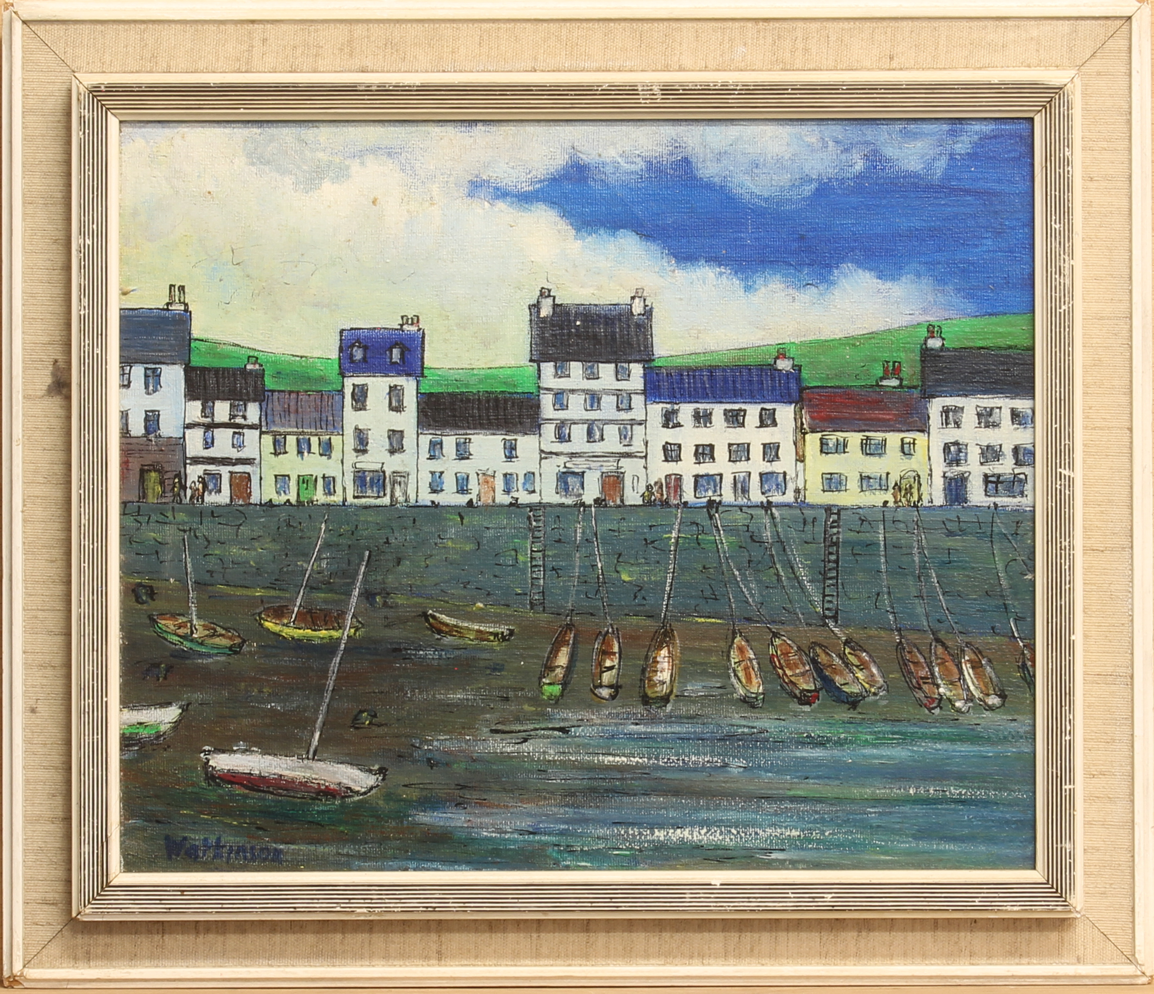 Watkinson (British, second half 20th century) Low tide oil on canvas board, signed lower left, label - Image 2 of 3