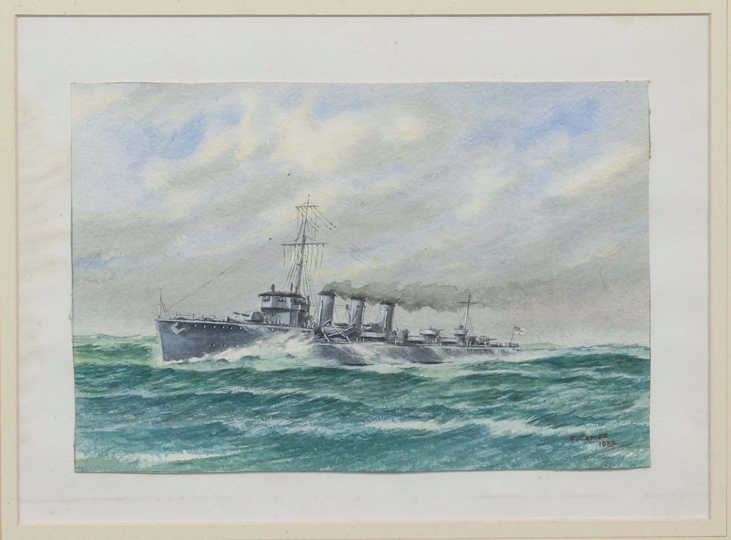 Three watercolour studies of Royal Navy gunboats, one numbered H37 and all signed G James 1937 (