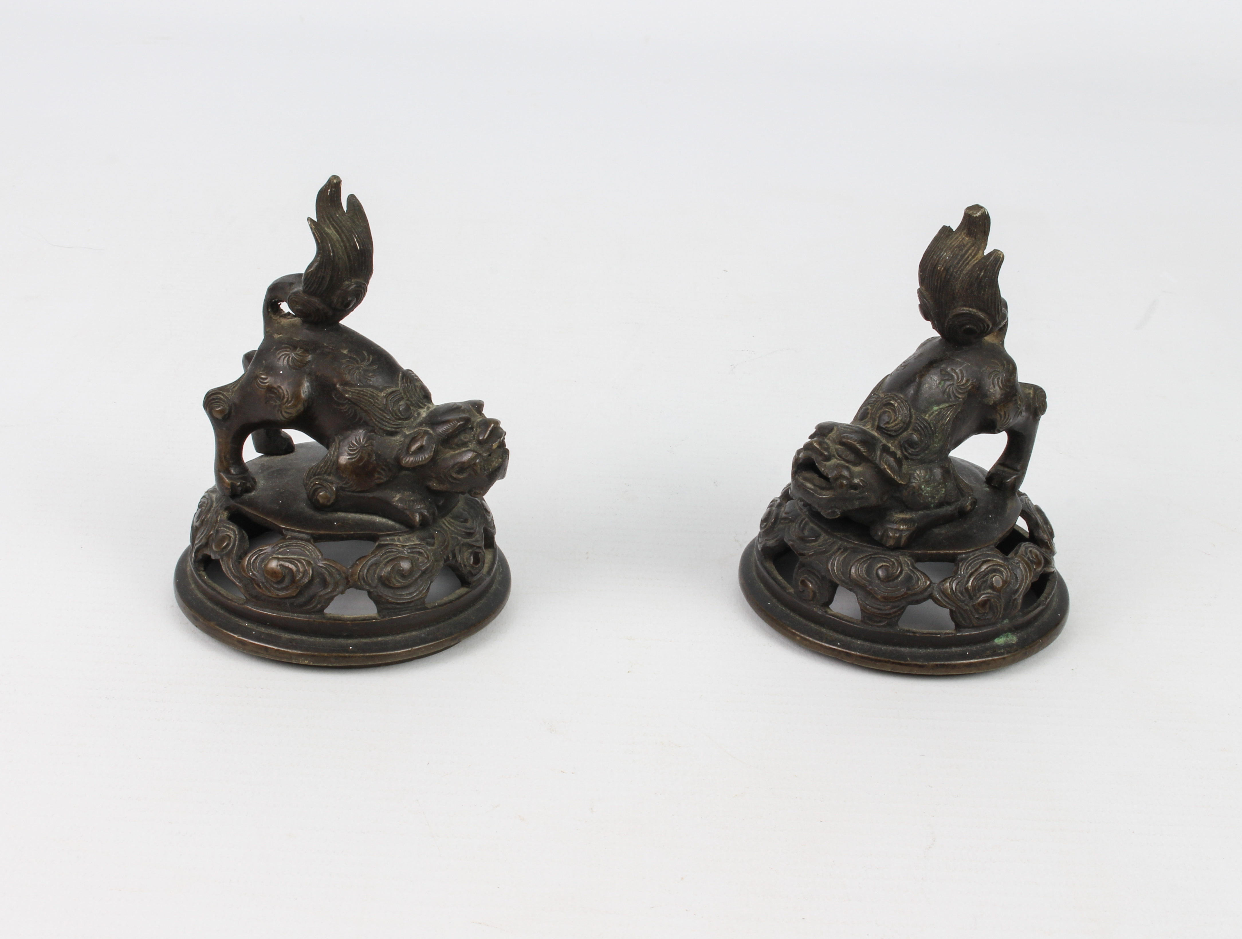 A pair of Chinese bronze tripod censers - probably early 20th century, of pumpkin or gourd form, - Image 3 of 4