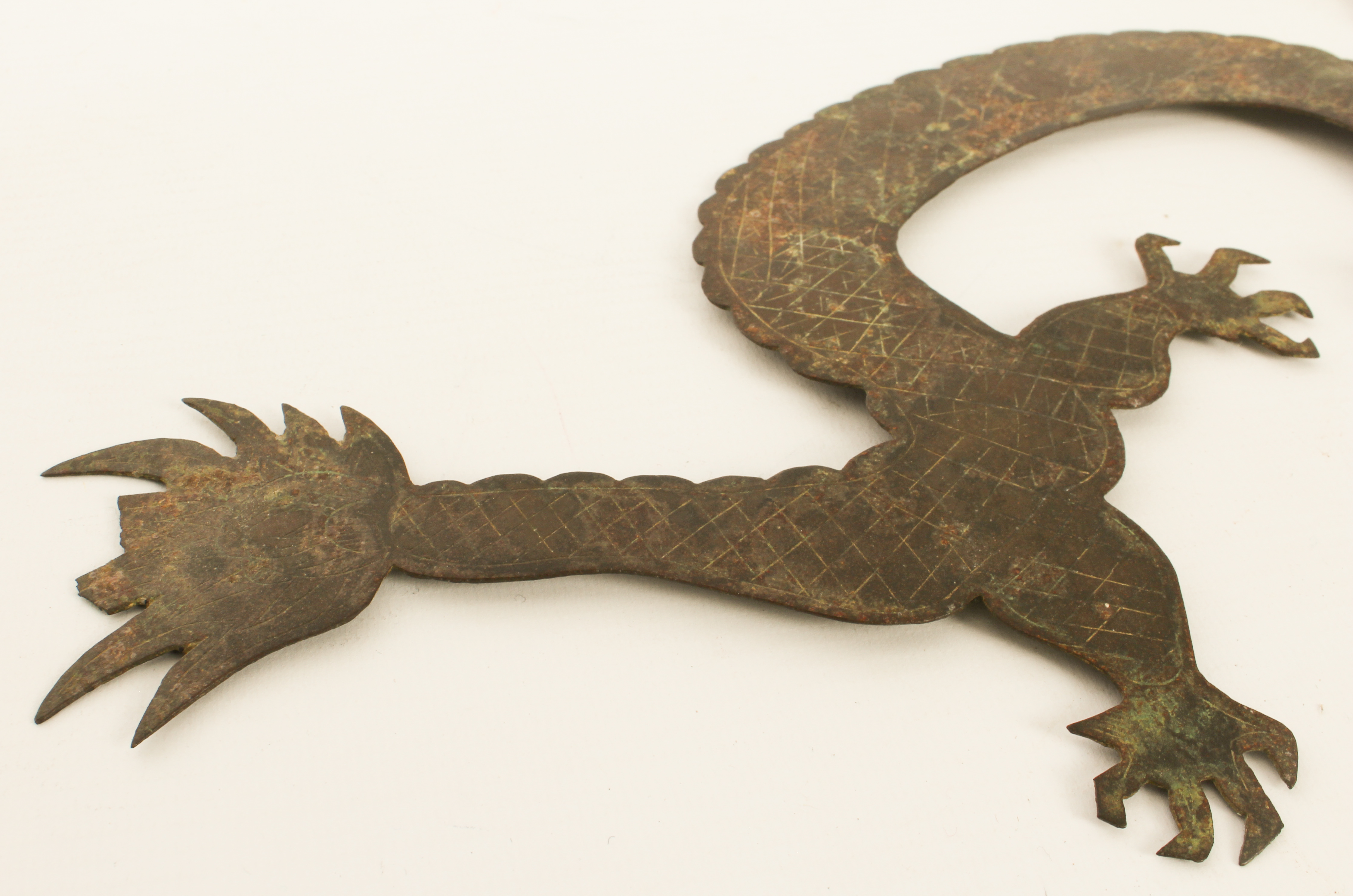 A Chinese bronze dragon plaque - probably 19th century, the long bodied, four-toed dragon with - Image 3 of 6
