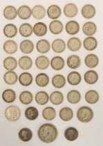 Forty-four small denomination pre-1919 silver GB coins: 39 x 3d, 2 x 4d (1842 and 1846), 2 x 6d