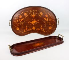 Two Edwardian mahogany and marquetry trays - one kidney shaped, with floral and foliate marquetry