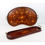 Two Edwardian mahogany and marquetry trays - one kidney shaped, with floral and foliate marquetry