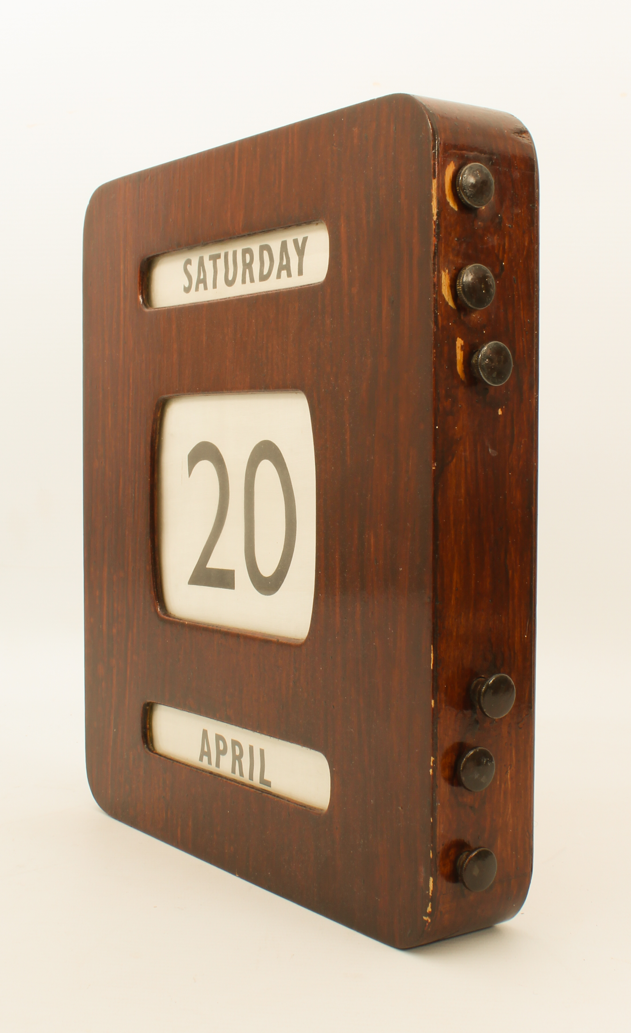 A mid-20th century wall-hanging perpetual calendar - in a stained plywood case with brass button- - Image 2 of 4