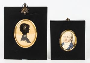 A 19th century portrait miniature of a gentleman - watercolour on card, oval, 5.3 x 3.9 cm, in