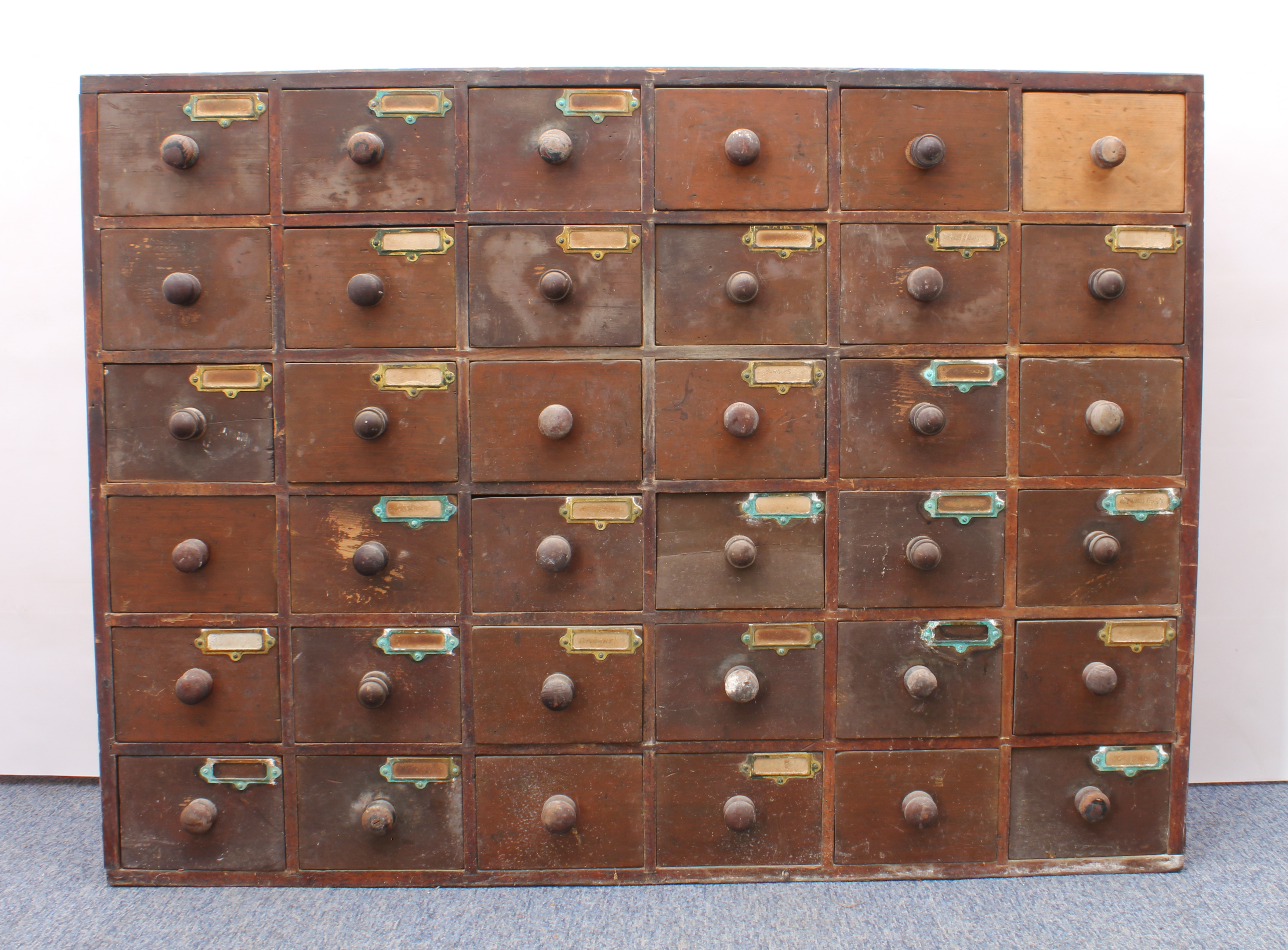 An early 20th century pine and beech wood 30-drawer pharmacy or shopkeeper's cabinet - the - Image 3 of 3