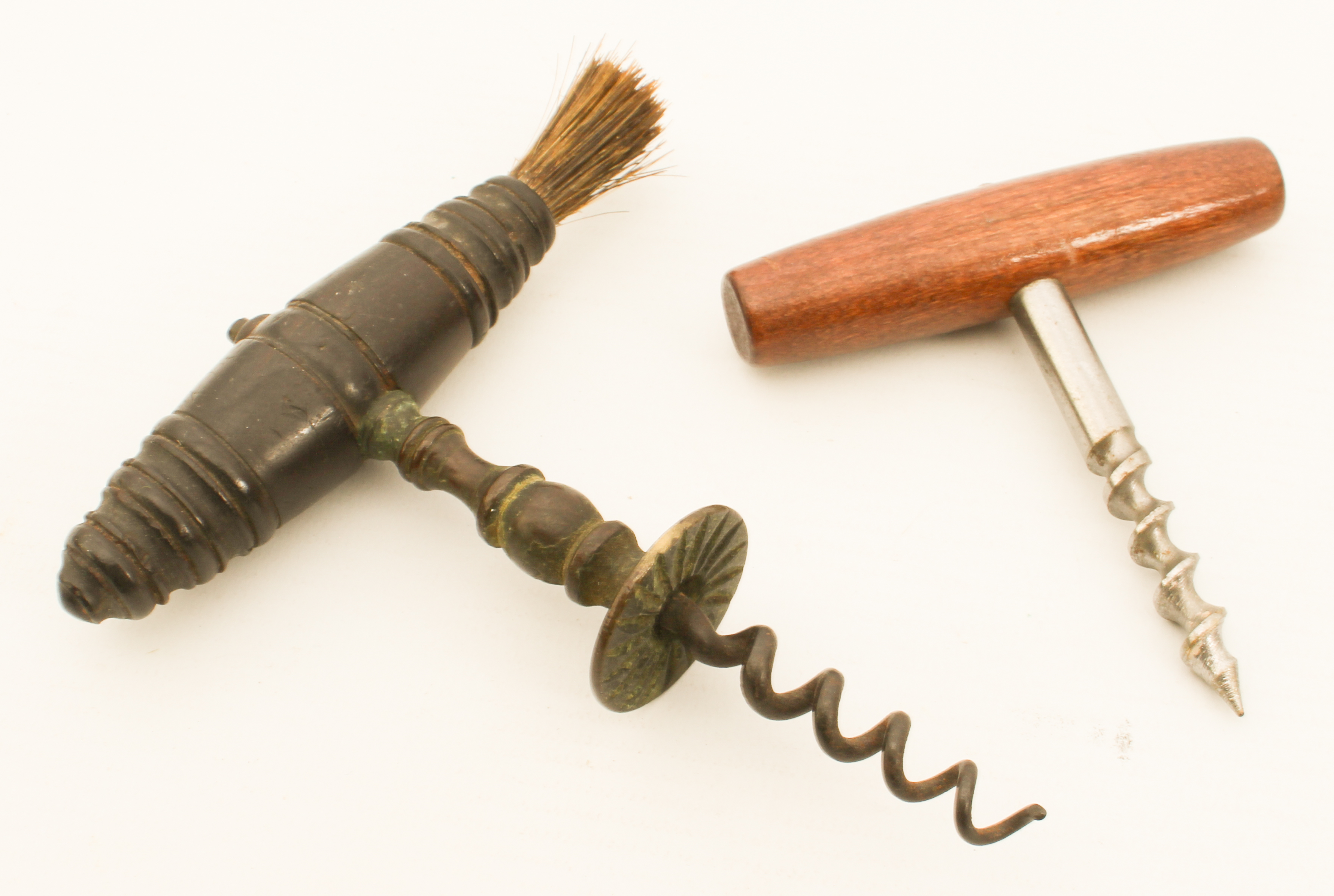 Two 19th century corkscrews - one with turned lignum vitae handle with brush and bronze stem, 12.8 - Image 2 of 5