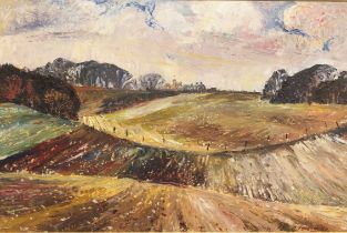 Fyffe Christie (Scottish, 1918-1979) View across fields to a distant village oil on board, signed